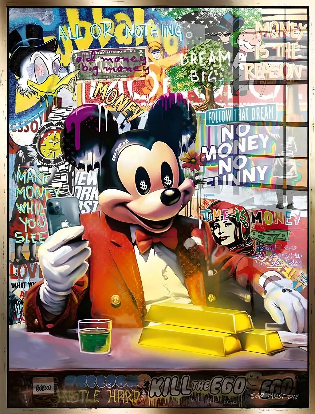 Tableau acrylique Mickey Business doré antique