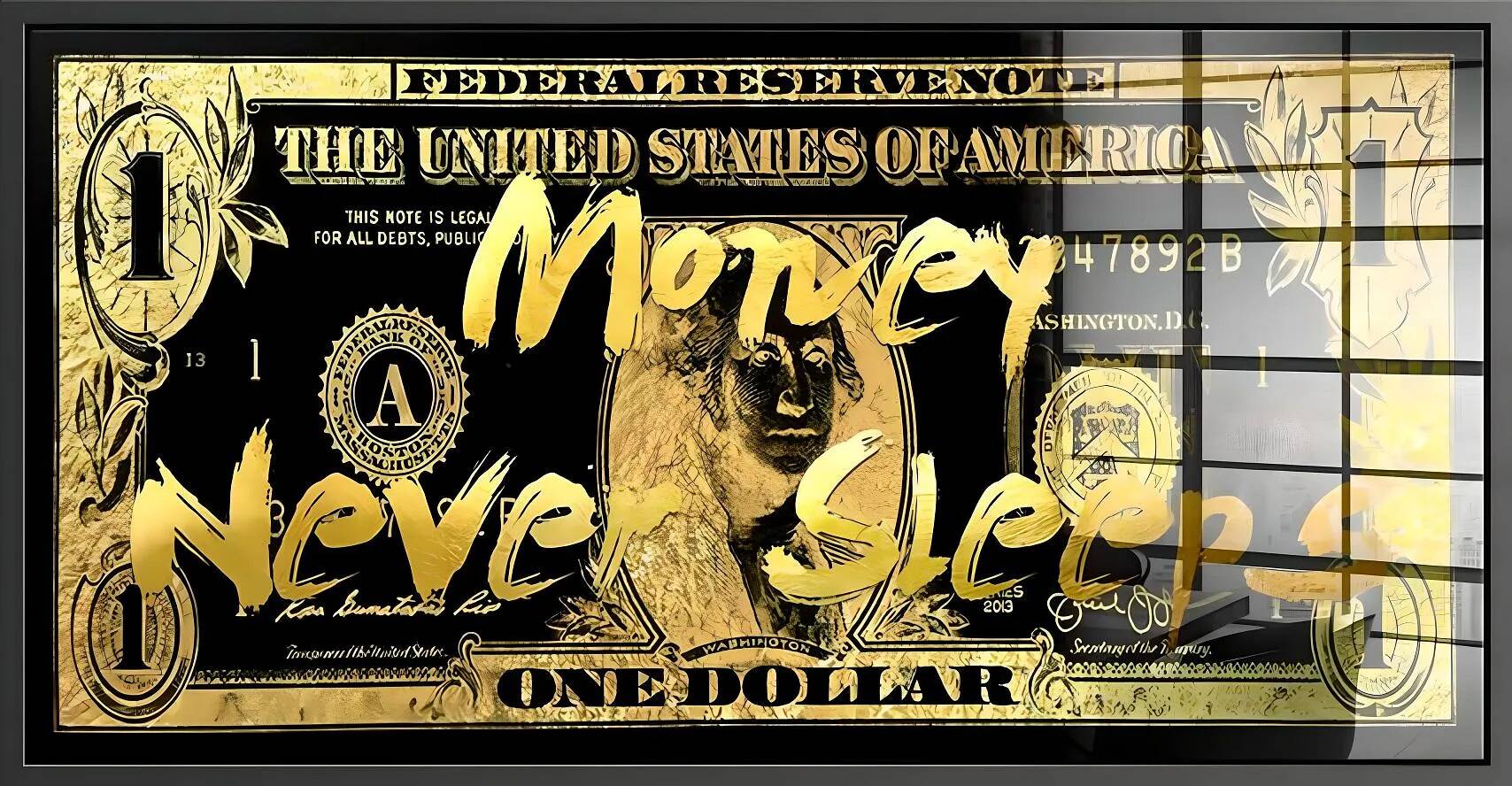 Tableau feuille d'or Money Never Sleeps noir