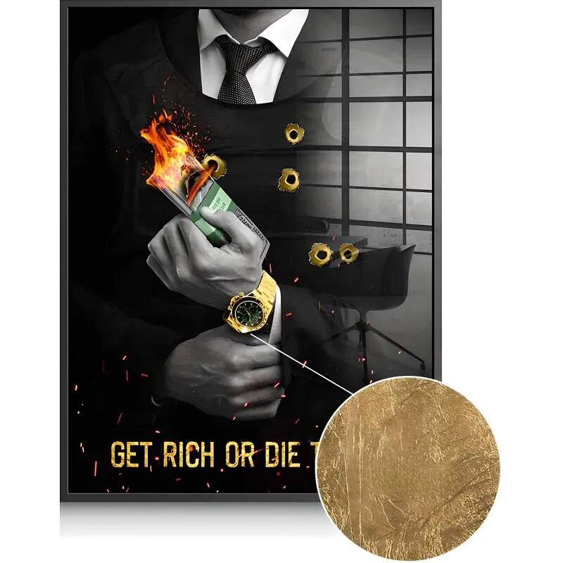 Tableau feuille d'or Get Rich noir