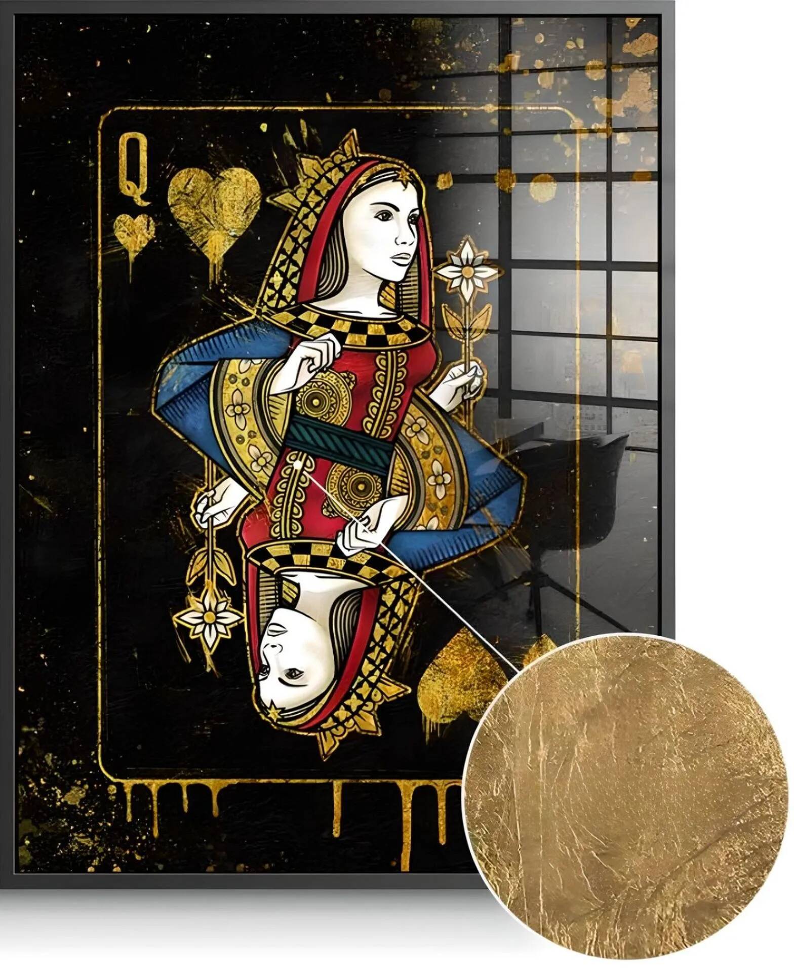Tableau feuille d'or Queen Card noir
