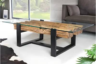 Table basse en bois massif de teck et plateau en verre transparent