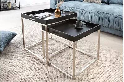 Set de 2 tables d'appoint avec plateau amovible noir et métal chromé
