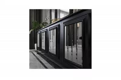 Buffet design en bois noir et acier chromé 2 étagères 4 portes