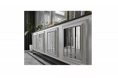 Buffet design en bois blanc et acier chromé 2 étagères 4 portes