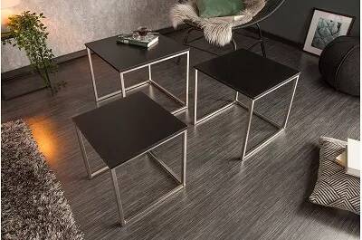 Set de 3 tables d'appoint gigognes noir mat et acier chromé