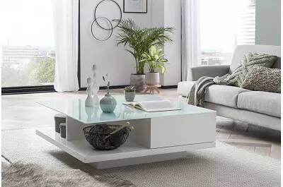 Table basse design blanc laqué et verre opaque 2 tiroirs L100