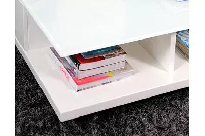 Table basse design blanc laqué et verre opaque 2 tiroirs L100