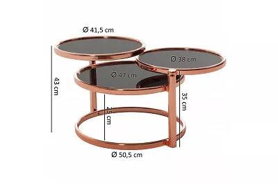 Table basse design 3 plateaux verre trempé et acier cuivré Igneous