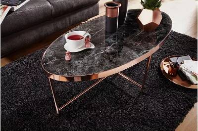 Table basse design aspect marbré noir et acier cuivré