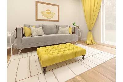 Table basse en velours capitonné jaune et bois de hêtre wengé 100x60