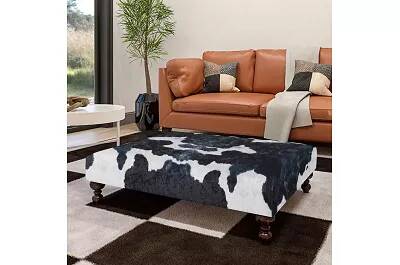 Table basse en tissu vache noir et blanc et bois de hêtre wengé 80x60