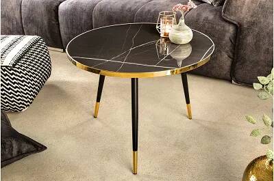 Table basse design en verre aspect marbre noir et métal doré