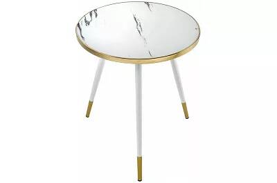 Table d'appoint design en verre aspect marbre blanc et métal doré