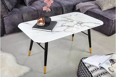 Table basse design en verre aspect marbre blanc et métal noir
