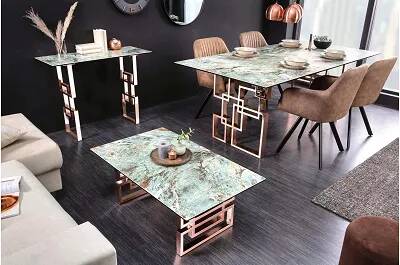 Table basse design en céramique aspect marbre turquoise et métal cuivré