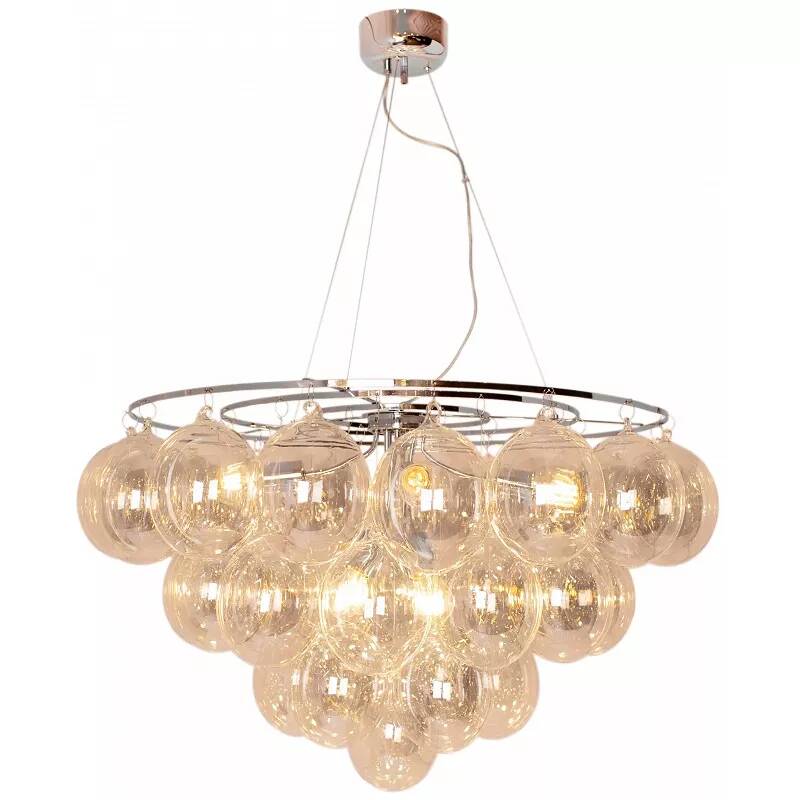 Lampe suspension en verre ambre et métal chromé Ø100