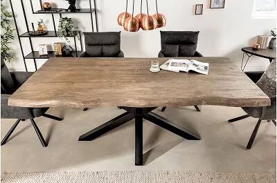 Table à manger en bois acacia massif gris et métal noir L200x100