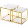 Set de 2 tables basses gigognes en acier doré et verre aspect marbre blanc