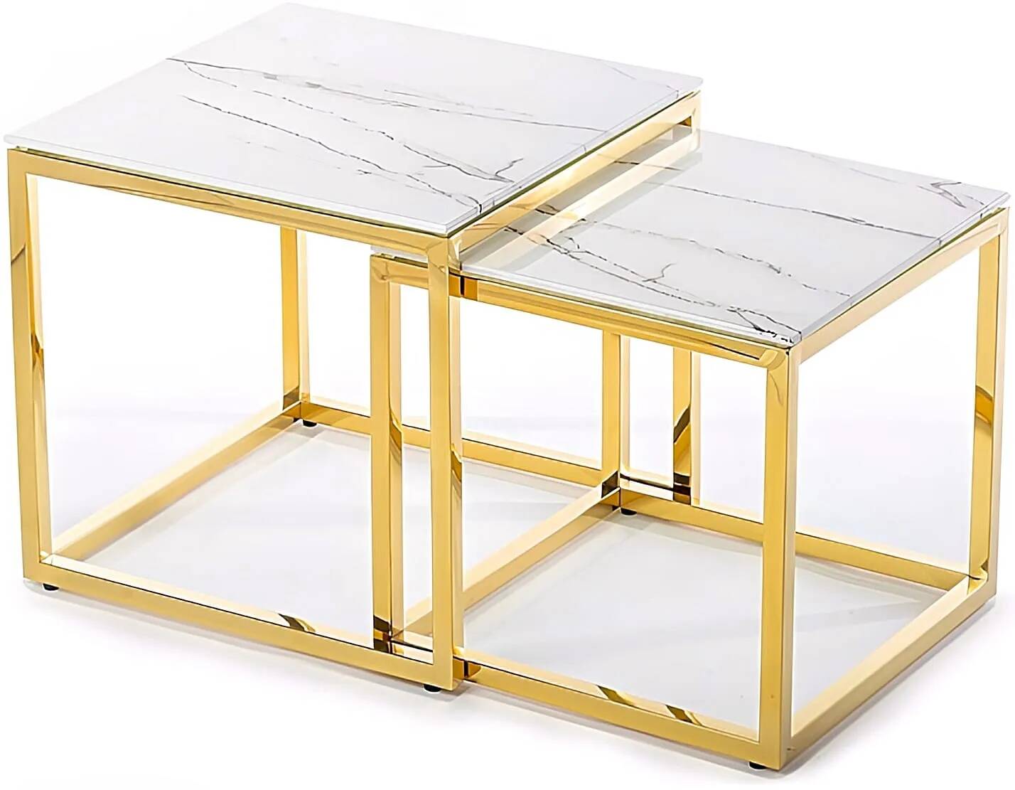 Set de 2 tables basses gigognes en acier doré et verre aspect marbre blanc