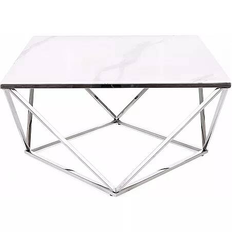Table basse design en verre aspect marbre blanc et acier chromé