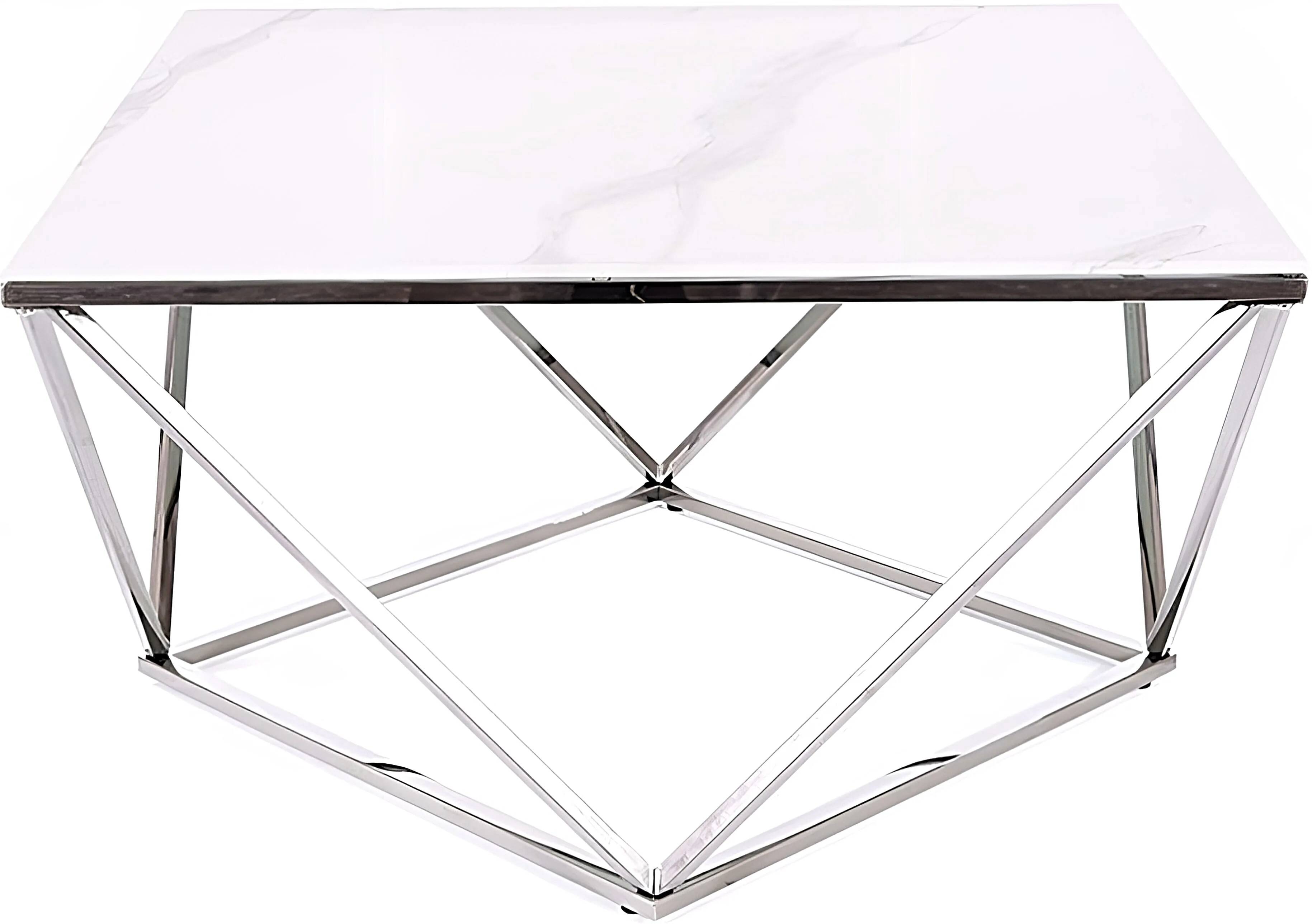 Table basse design en verre aspect marbre blanc et acier chromé