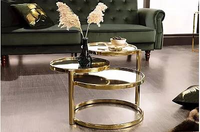 Table basse design en verre miroir et métal doré 3 plateaux