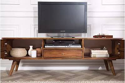 Meuble TV en bois de sheesham massif laqué naturel 2 portes et 1 tiroir