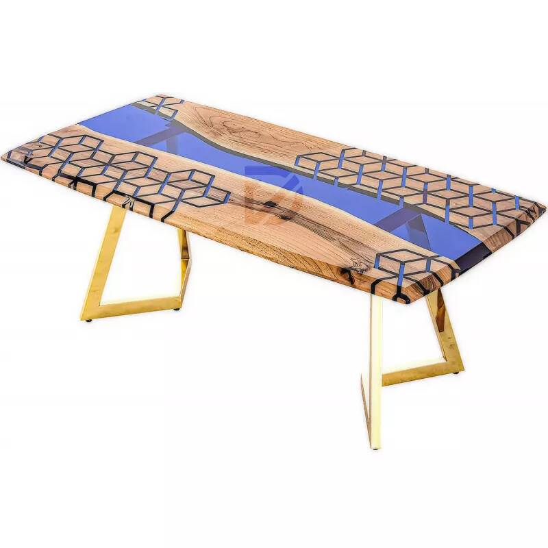 Table à manger en bois massif noyer et époxy rayon de miel bleu saphir 200x100
