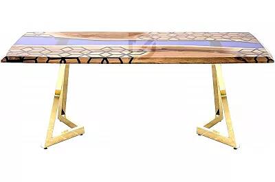 Table à manger en bois massif noyer et époxy rayon de miel bleu saphir 140x100