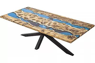 Table à manger en bois de mappa et époxy bleu 160x100
