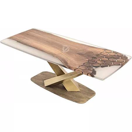 Table à manger en bois massif noyer et époxy rayon de miel blanc opaque 140x100