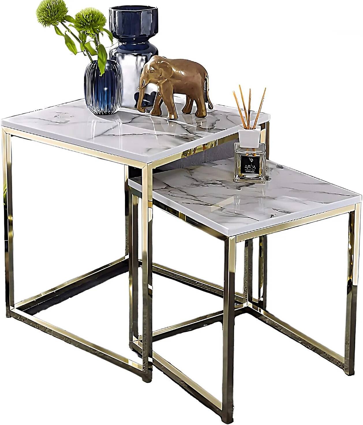 Set de 2 tables d'appoint gigognes aspect marbre blanc et acier doré