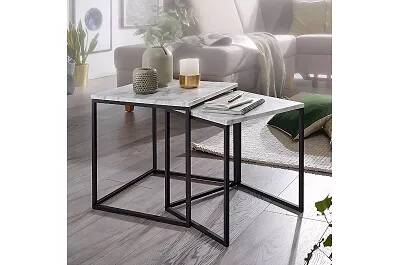 Set de 2 tables d'appoint gigognes en acier noir et aspect marbre blanc