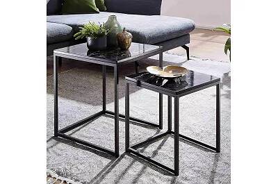 Set de 2 tables d'appoint gigognes en acier noir et aspect marbre noir