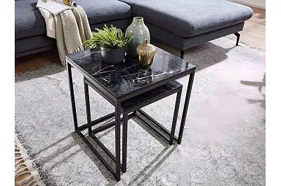 Set de 2 tables d'appoint gigognes en acier noir et aspect marbre noir