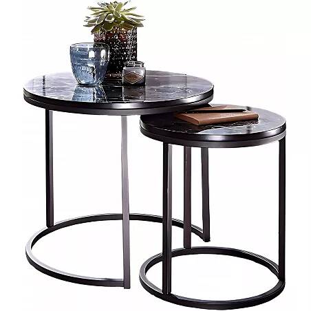 Set de 2 tables d'appoint gigognes aspect marbre noir et acier noir