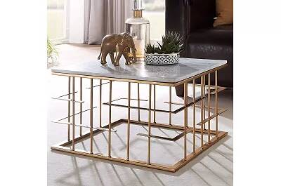 Table basse design aspect marbre indien blanc et métal doré