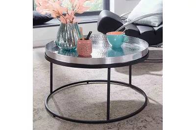 Table basse design en aluminium argenté et métal noir Ø62