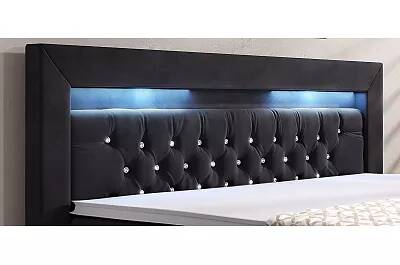 Lit boxspring à LED en velours capitonné noir avec cristaux swarovski avec espaces de rangement 140x200