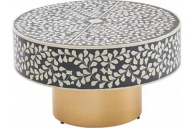 Table basse design en résine gris blanc et métal doré