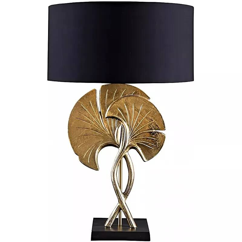 Lampe de table design ginkgo en aluminium doré et coton noir