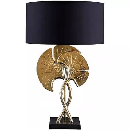 Lampe de table design ginkgo en aluminium doré et coton noir