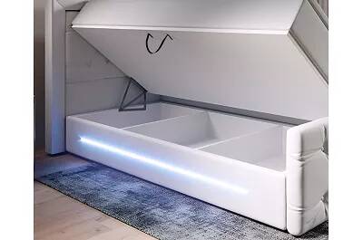 Lit boxspring à LED en simili cuir capitonné blanc avec espaces de rangement 140x200