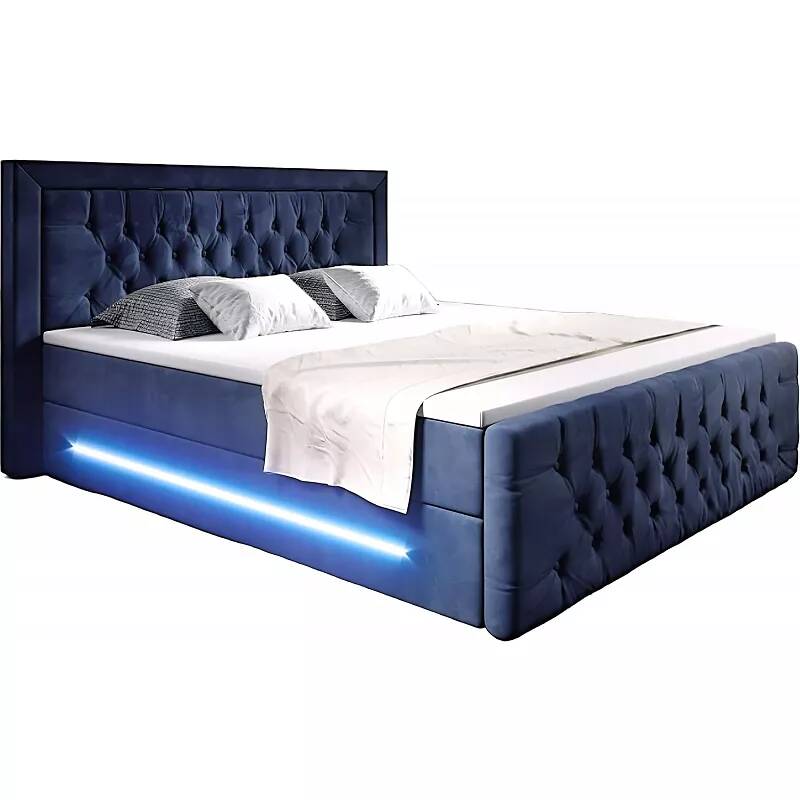 Lit boxspring à LED en velours capitonné bleu nuit avec espaces de rangement 140x200