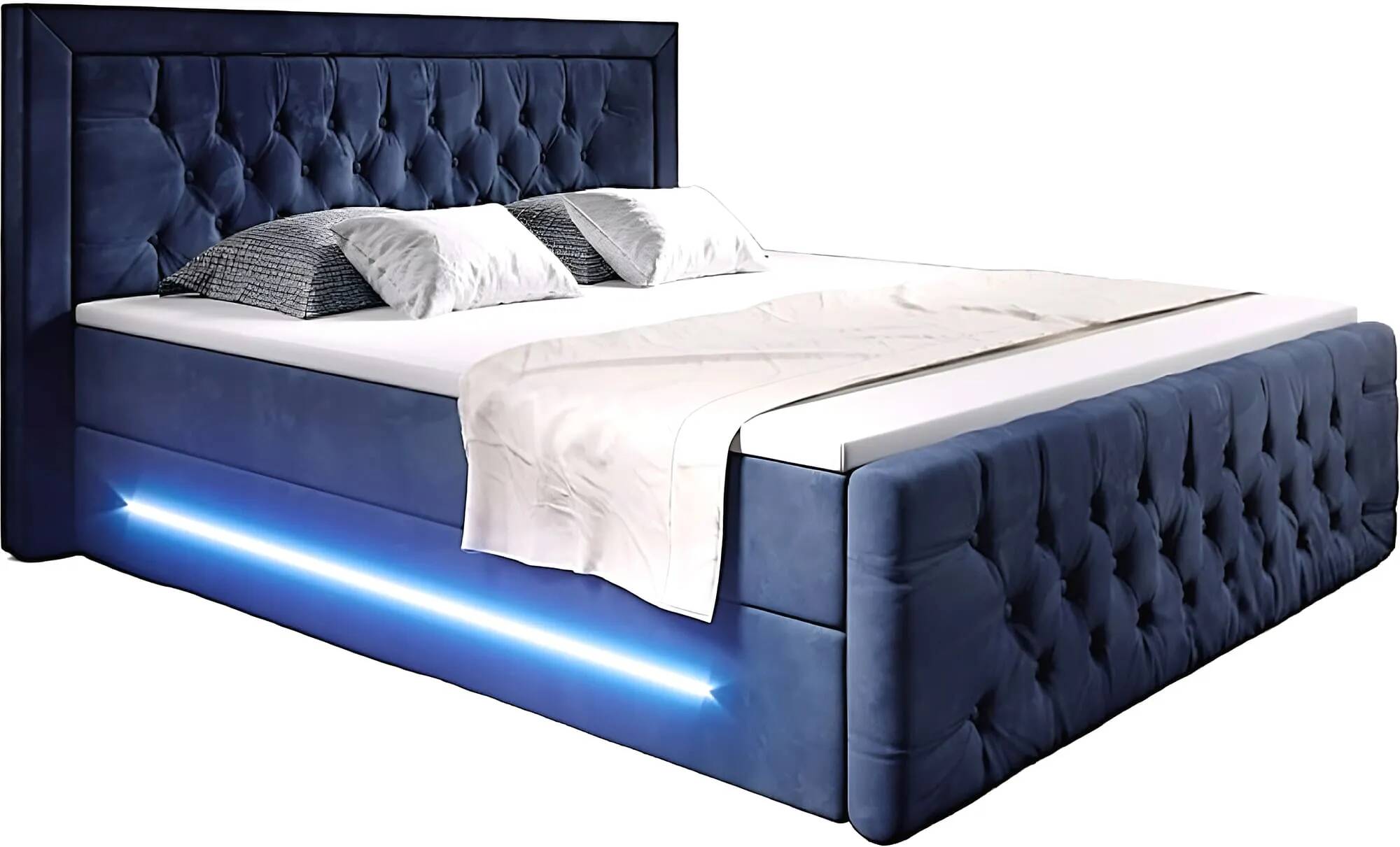 Lit boxspring à LED en velours capitonné bleu avec espaces de rangement 140x200