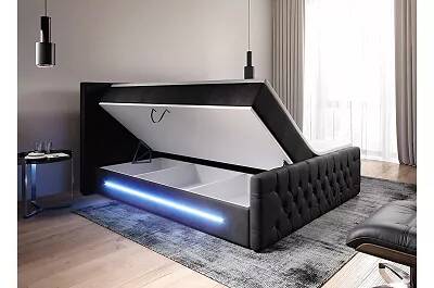 Lit boxspring à LED en velours capitonné noir avec espaces de rangement 140x200