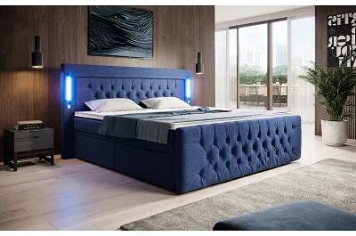 Lit boxspring à LED en velours capitonné bleu nuit avec 4 ports USB et 2 tiroirs 160x200