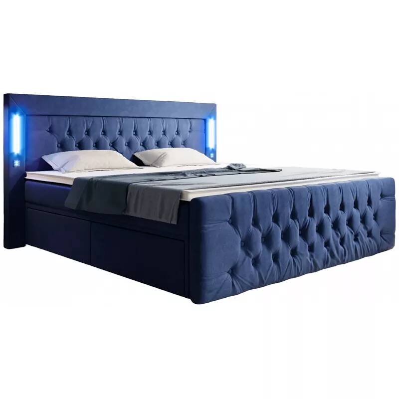 Lit boxspring à LED en velours capitonné bleu nuit avec 4 ports USB et 2 tiroirs 160x200