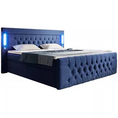 Lit boxspring à LED en velours capitonné bleu nuit avec 4 ports USB et 2 tiroirs 200x200