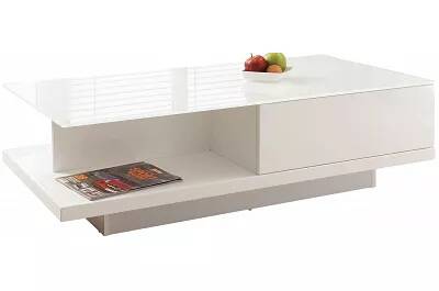 Table basse design blanc laqué et verre opaque 1 tiroir L120
